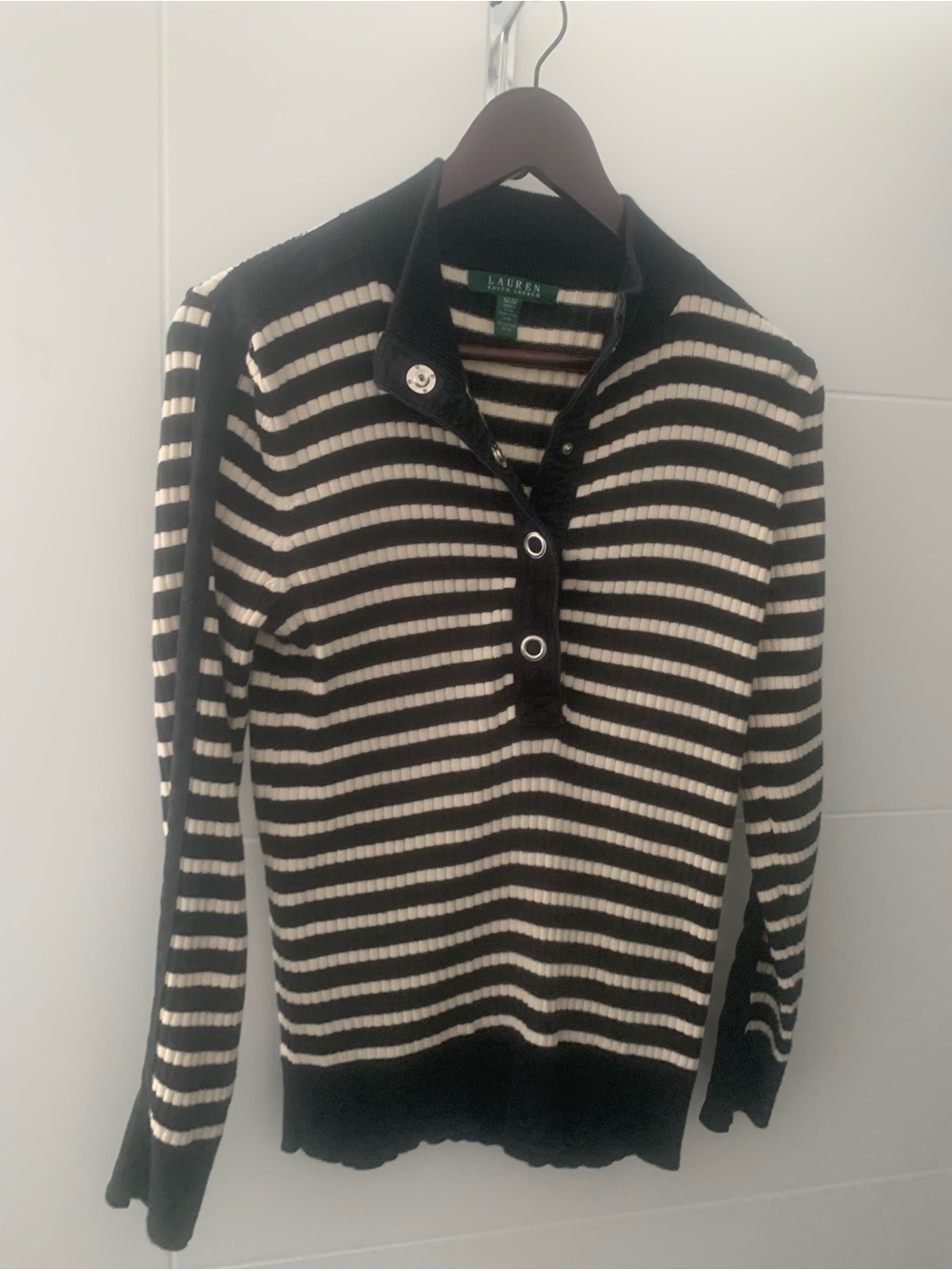 Lauren Ralph Lauren Black & White Striped Ribbed Henley Sweater S17